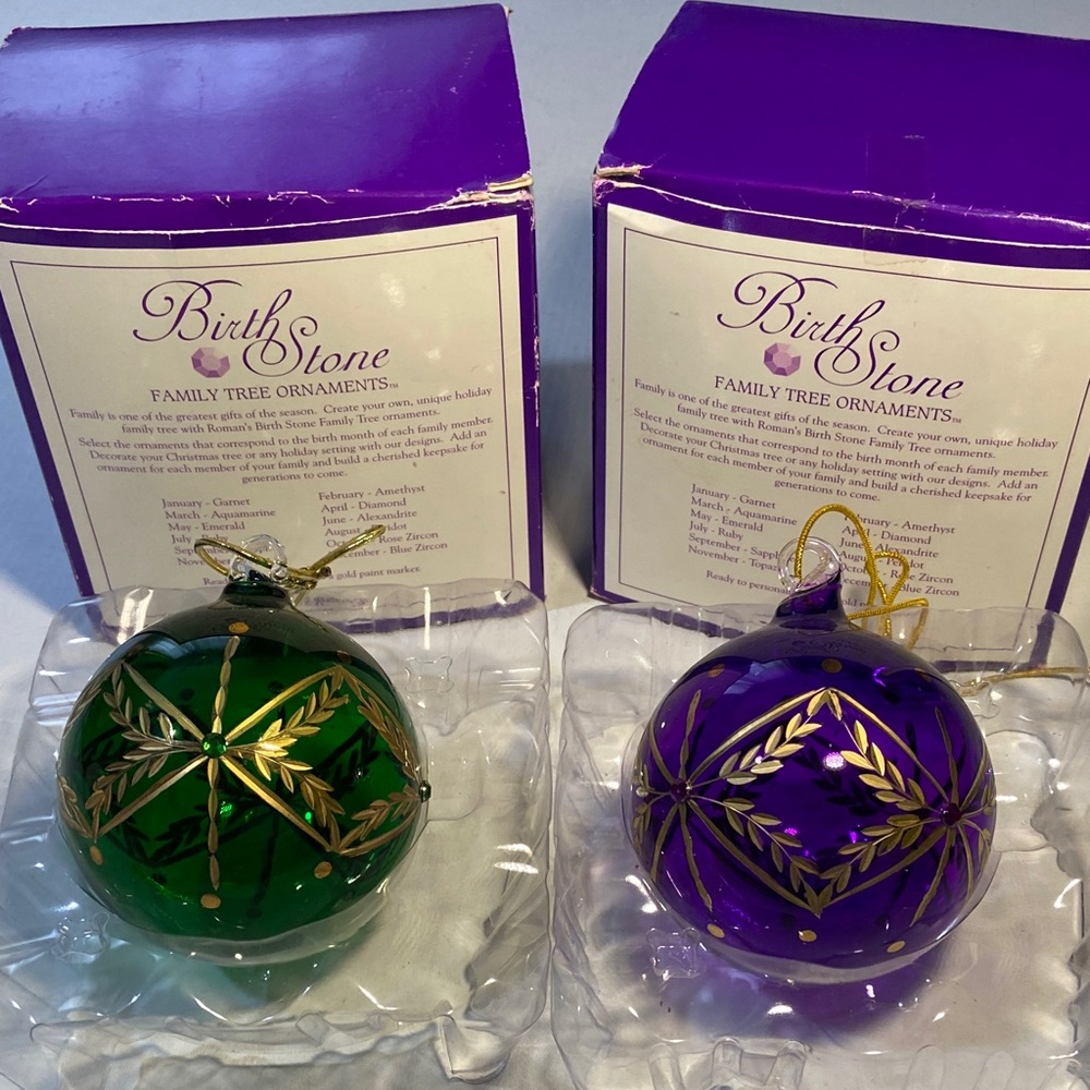 Green and Purple Family Tree Ornaments-Blown Glass with Gold Details/Crystals